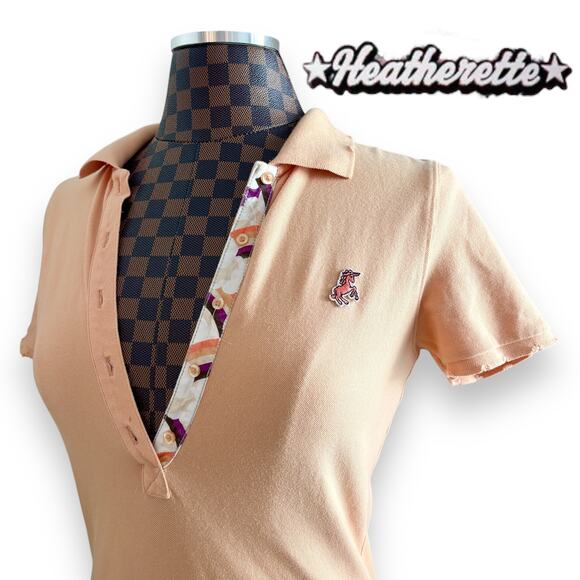 Heatherette Tops - Y2K Heatherette Unicorn Polo Shirt Small Peach Orange Short Sleeve Distressed